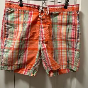 Ralph Lauren Orange and Green Plaid Swim Trunks